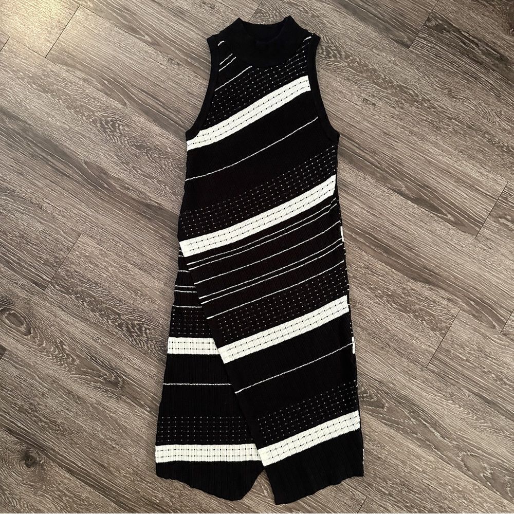 MOTH Midi Knit Dress Velda Asymmetric Stripe Mock Neck